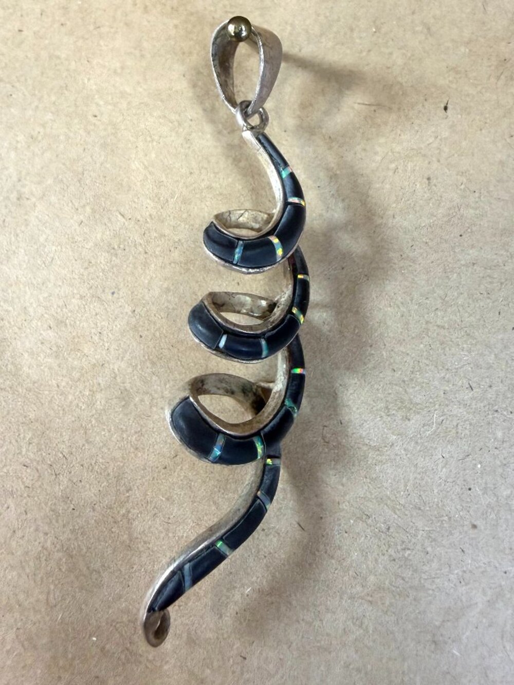 Vintage Signed Southwestern Sterling Silver Snake Pendant Black Onyx Opal Inlay